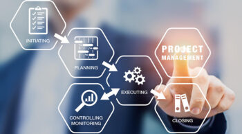 Presentation of project management processes such as initiating, planning, executing, monitoring and controlling, and closing with icons and a manager touching virtual screen