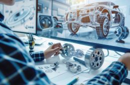Close up of smart mechanic or technician hands designing and inventing vehicle part by using technology innovation. Skilled mechanical engineer planning and writing blueprint and motor design. AIG42.
